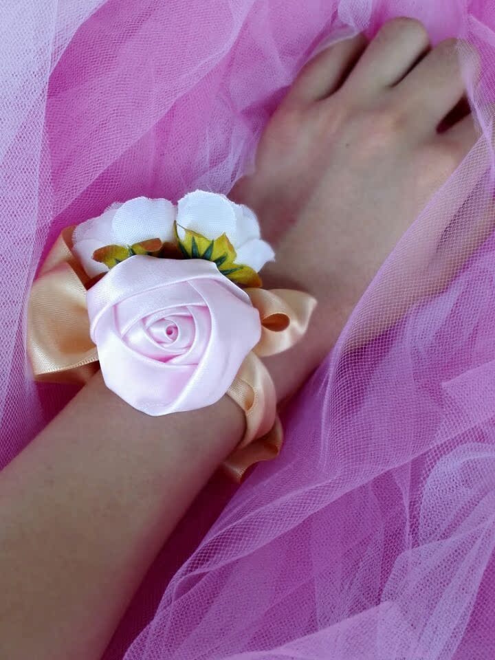 欧美花童腕花 时尚色丁缎带玫瑰花 头饰腕带两用 女童发饰