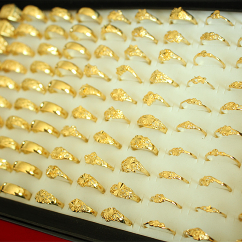 24k保色金黄铜镀真金戒指100个套装 男女多款戒指混