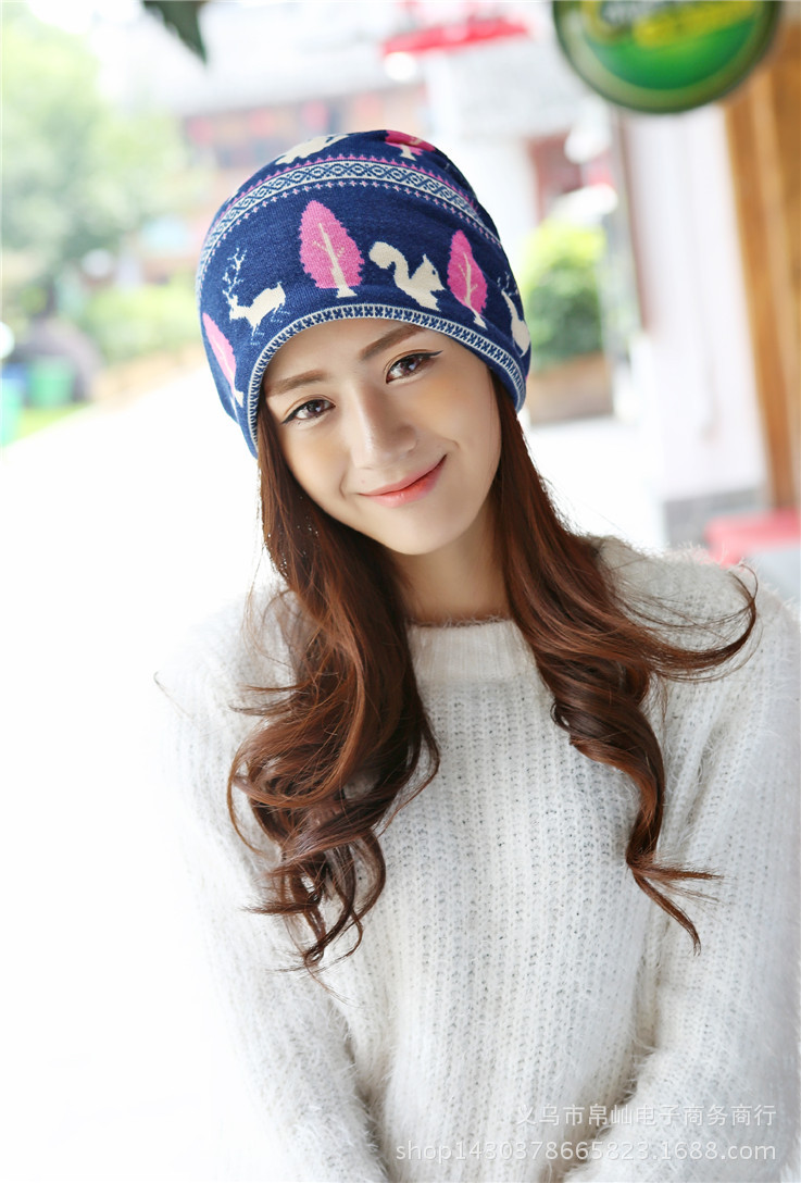 韩版春秋天动物树房子图案女士两用款套头睡帽零售批发