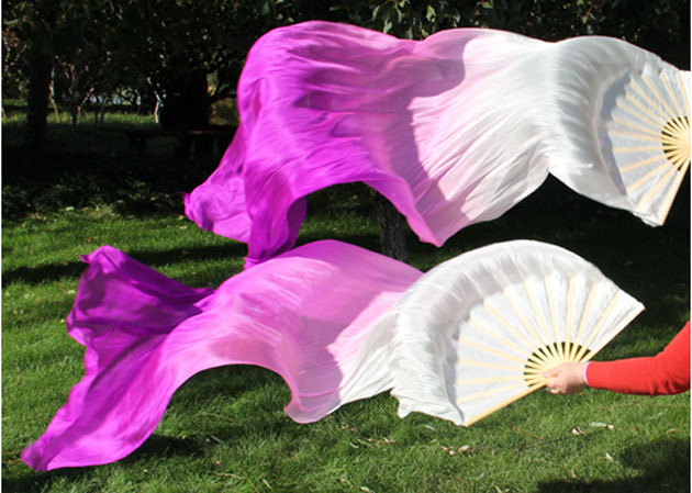 支持定做真丝扇子肚皮舞双扇加长舞蹈扇子五彩色长绸扇子真丝长扇