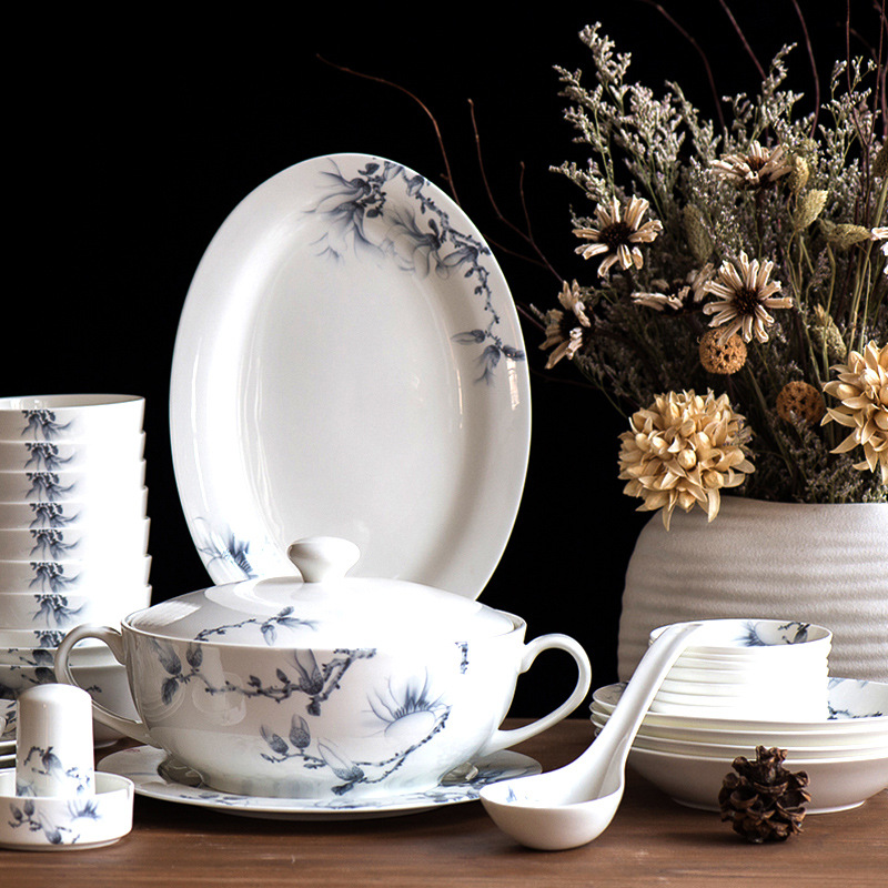 唐山骨质瓷餐具花盘子酒店餐具套装 青花瓷40头 青花陶瓷 兰贵人