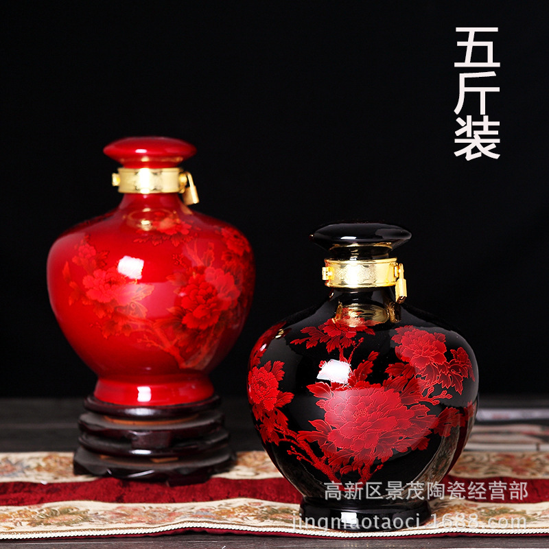 景德镇 5斤装陶瓷酒瓶 五斤装红牡丹水晶