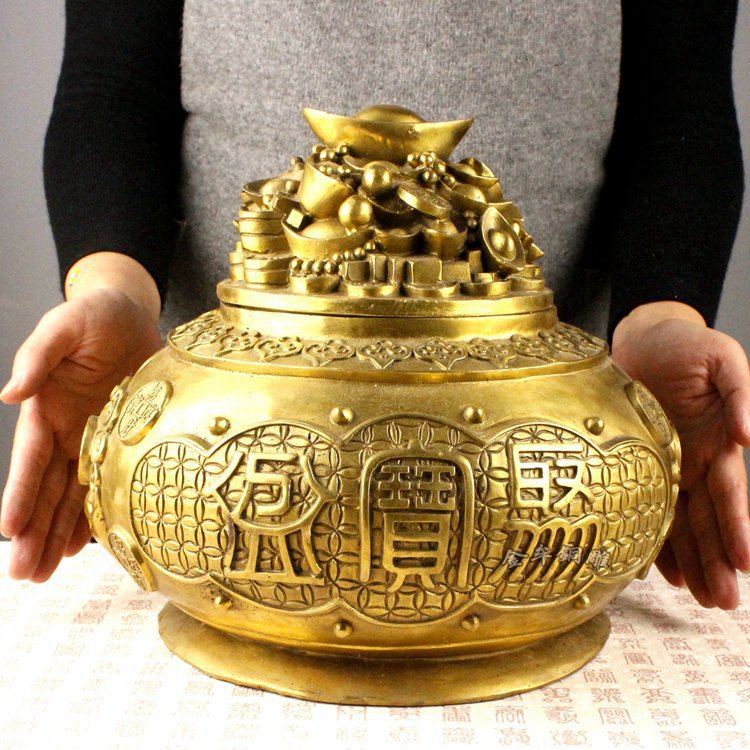 纯黄铜特大号聚宝盆摆件家居金属工艺品摆件