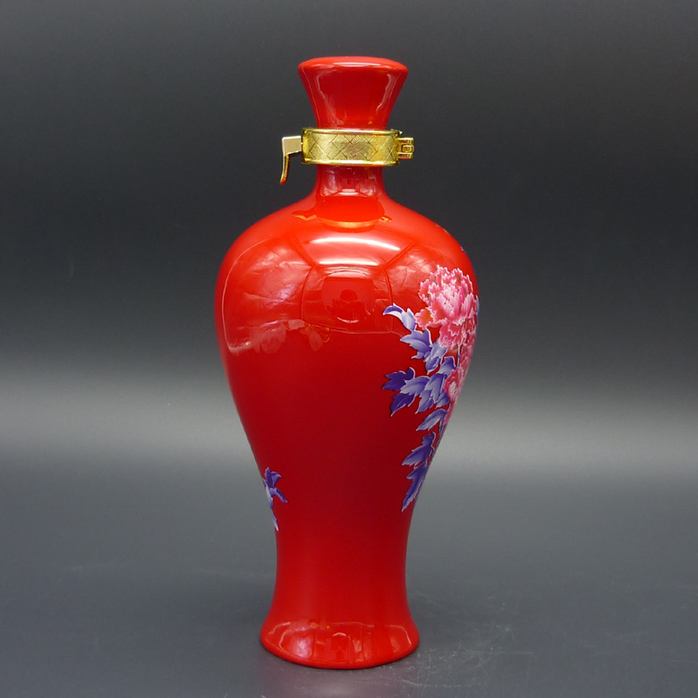 青花瓷 500ml 梅瓶 青花红牡丹 鸿运当头 酒.