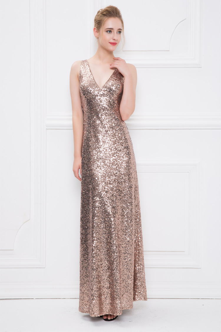 2019欧美修身露背性感深v领晚礼服蝴蝶结亮片束腰礼服新娘厂家