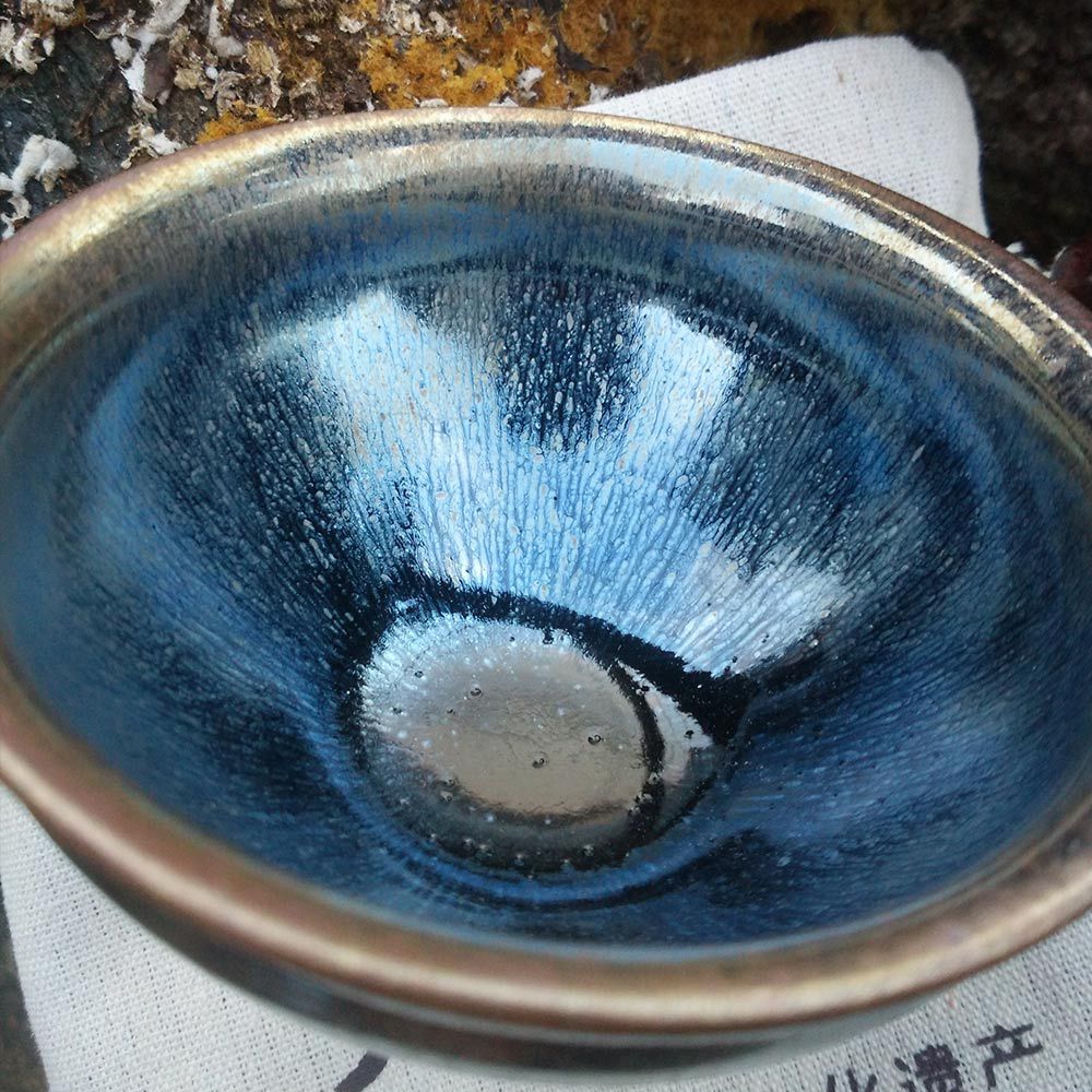 7.6公分落款古品束口黑瓷鹧鸪斑兔毫蓝油滴撇口斗笠茶具建窑建盏