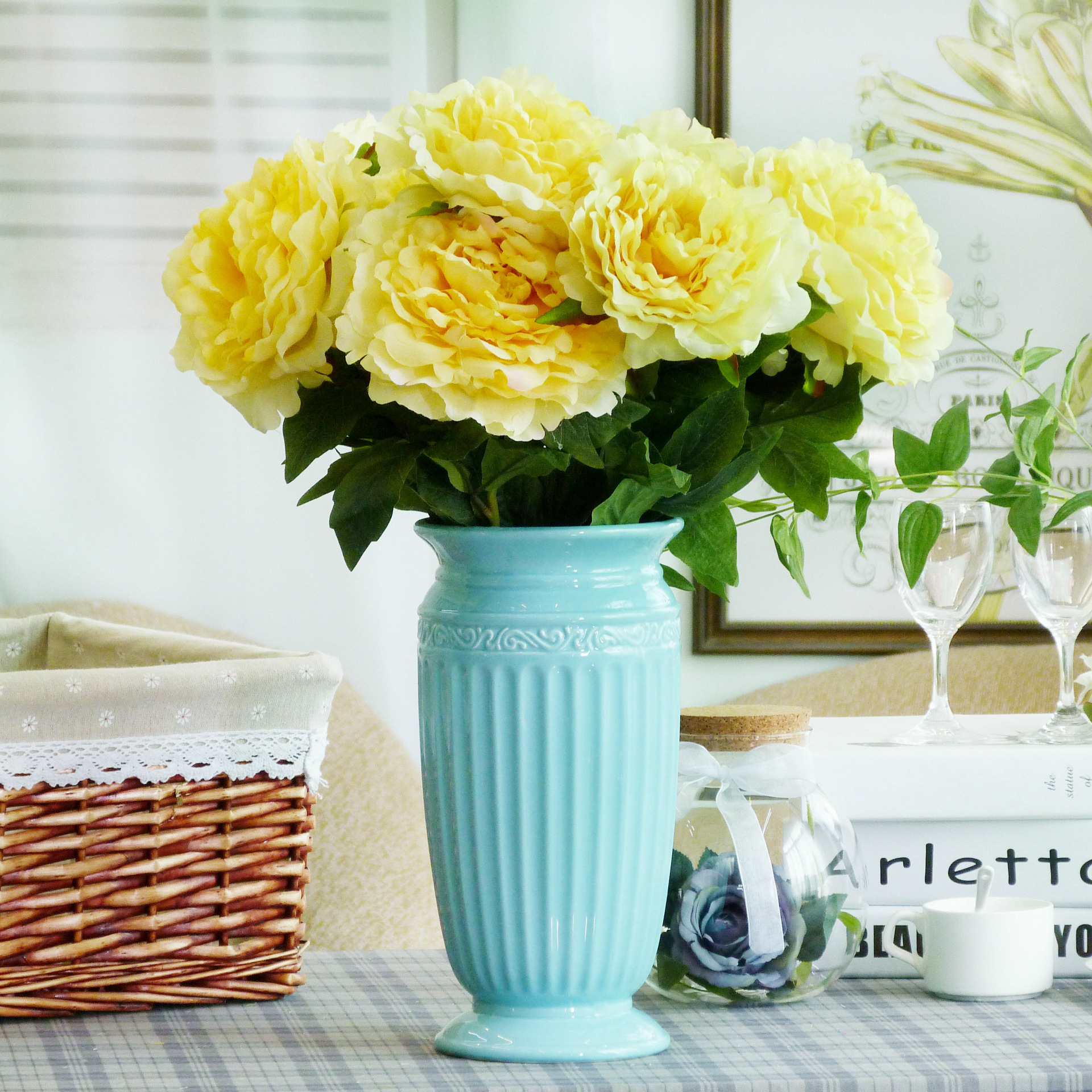 生产批发供应地中海美式乡村蓝色罗马条纹陶瓷花瓶摆件工艺品