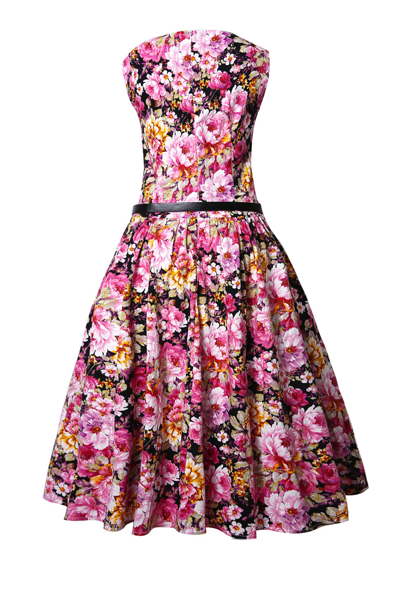 欧美赫本风复古牡丹印花连衣裙无袖修身大摆裙宫廷礼服长裙现货