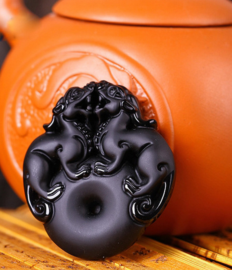 磨砂黑曜石双貔貅吊坠平安扣黑曜石吊坠项链