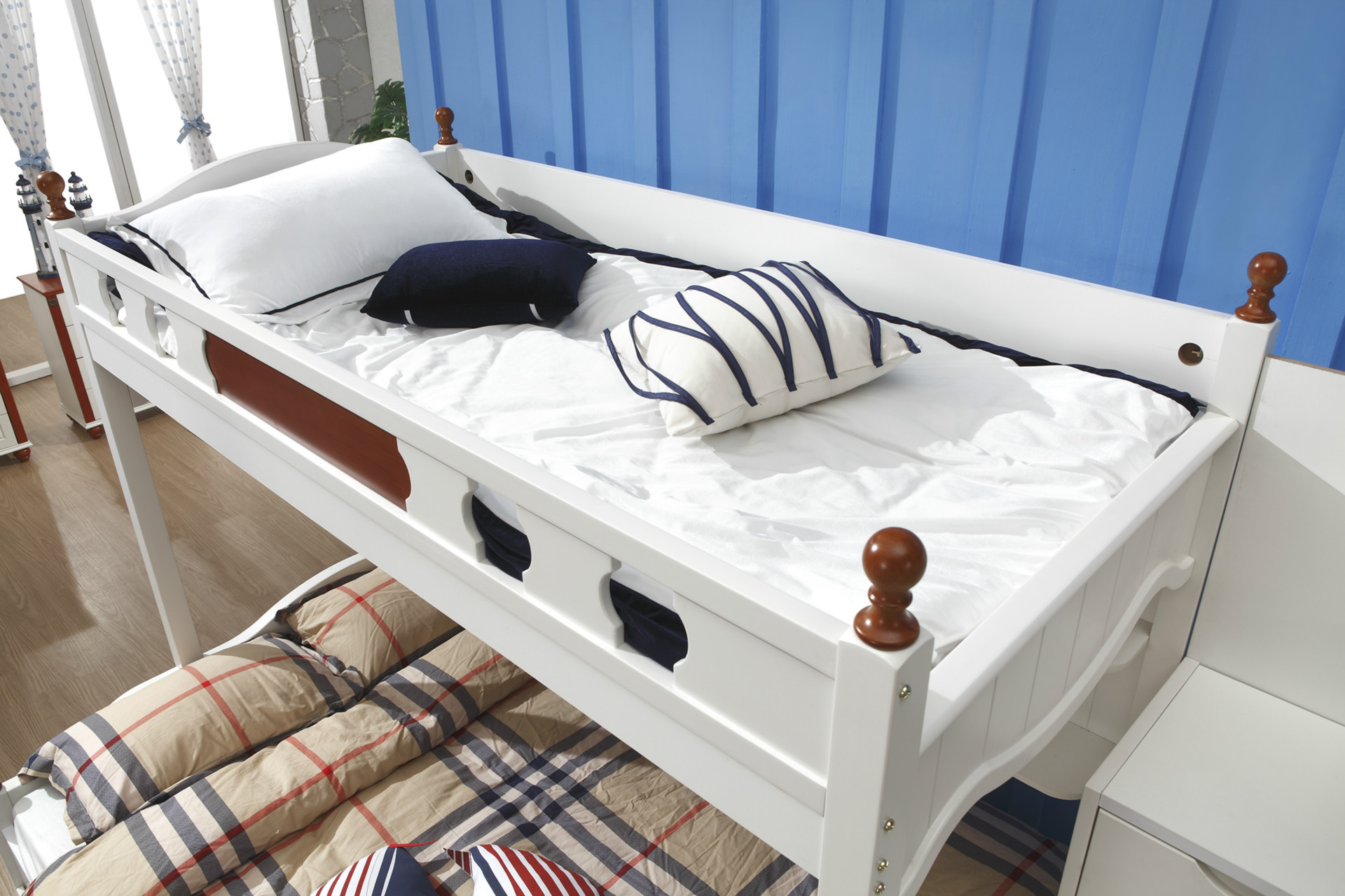 新款地中海系列子母床款式新颖质量保证板木结构1.5米儿童床