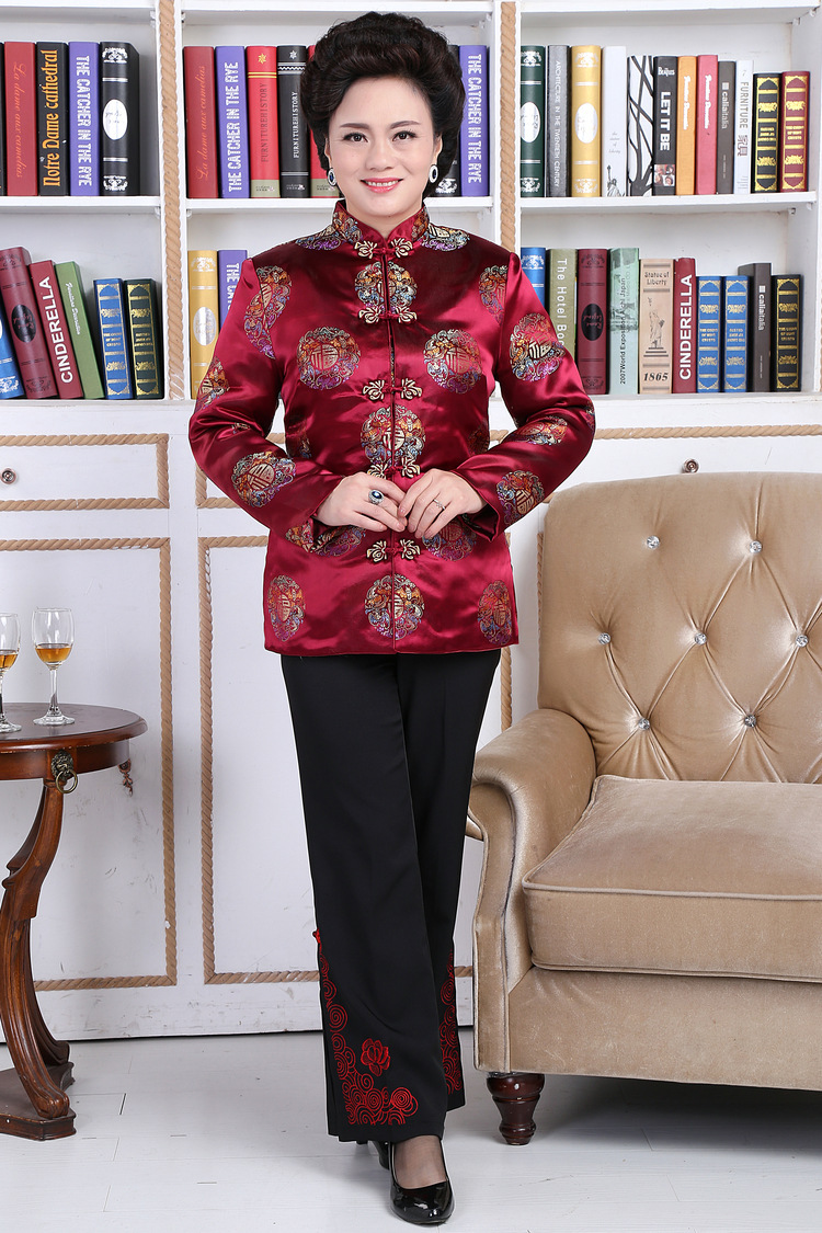 批发绸缎喜庆大红外套加棉上衣复古唐装中式女士棉袄棉服女式棉衣