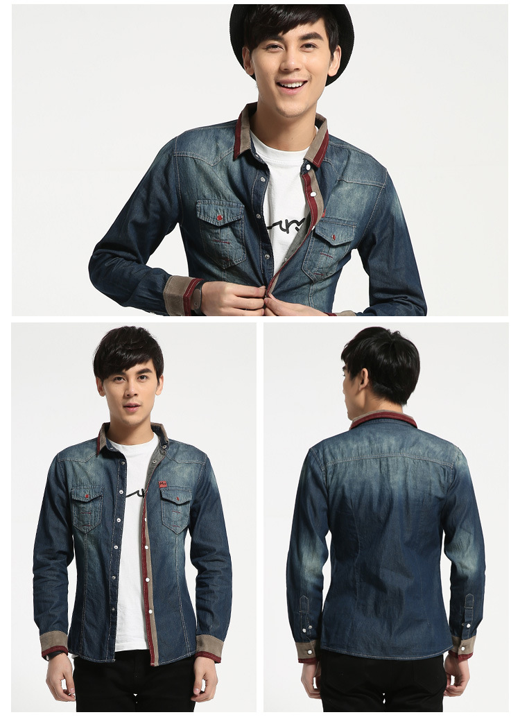 2015新款春装潮男外套衬衣男士长袖衬衫修身韩版牛仔衬衫