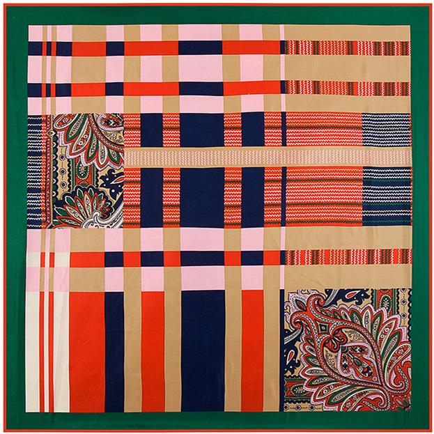 新款英伦风波浪线条纹格子拼色宫廷花纹图案女士100丝巾方巾