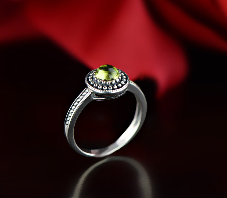 s925银雕纹天然橄榄石戒指女士银饰品月光石圆形指环泰银首饰批发