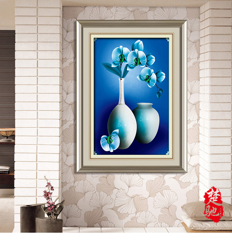 魔方钻义乌钻石画厂家批发贴钻精准印花 花瓶蓝蝴蝶花客厅版满钻