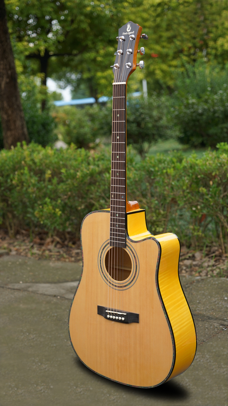 凤灵吉他41寸缺角民谣吉他云杉面板中**考级演奏乐器厂家直.