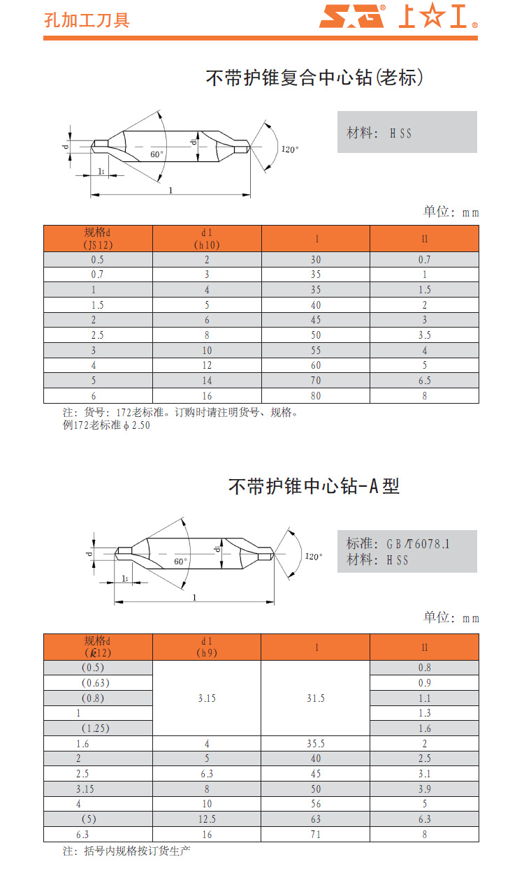 上工 不带护锥复合中心钻 a型中心钻头 正品原装