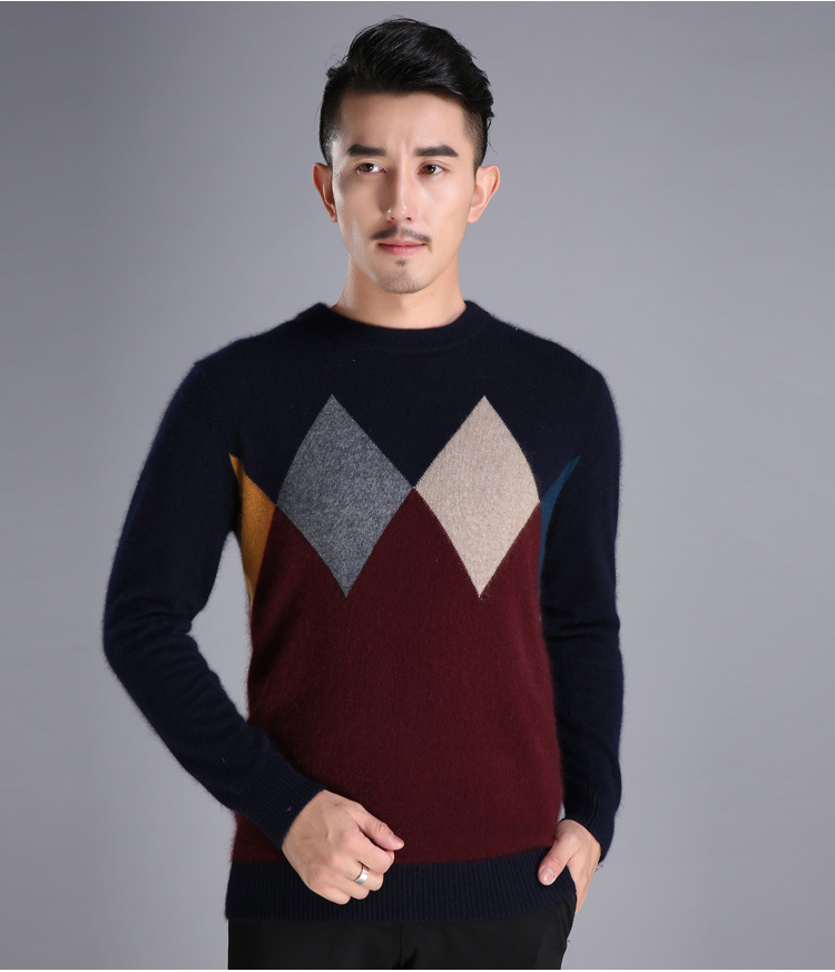 男装秋冬格子提花貂绒衫毛衣 男士韩版圆领长袖针织毛衣厂家直销