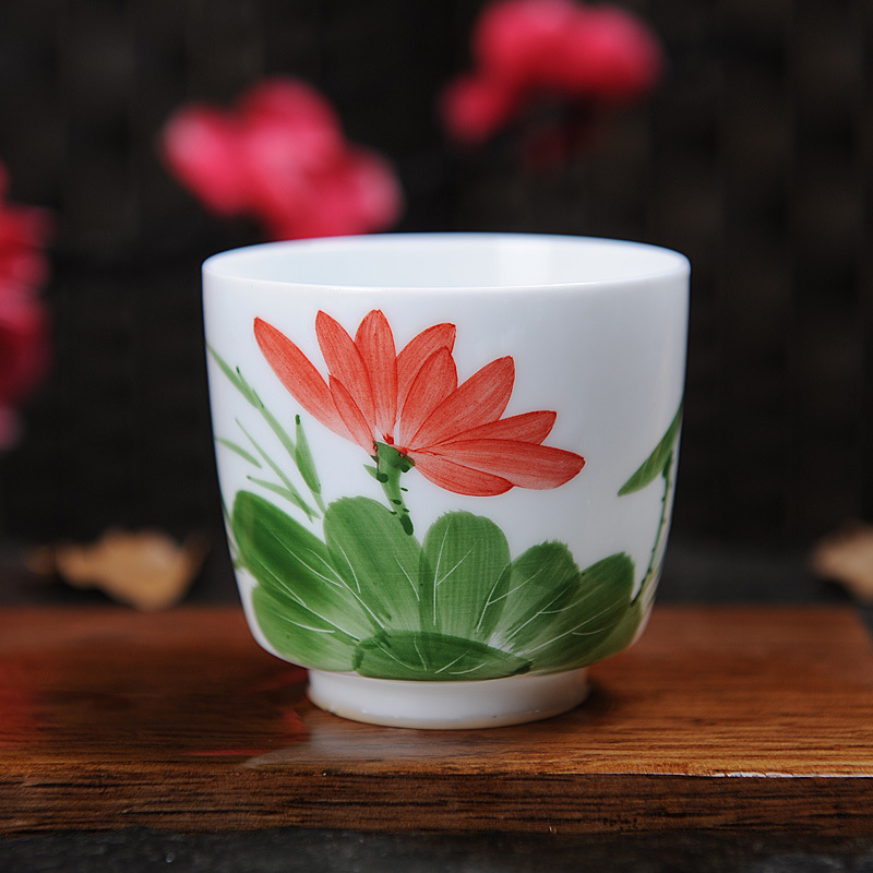 陶瓷茶具手绘杯 陶瓷杯子荷花薄胎手绘 陶瓷茶具套装批发 可定制