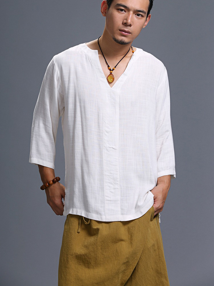 原创棉麻男士夏季新款v领七分袖上衣 纯色休闲时尚薄款t恤衬衫