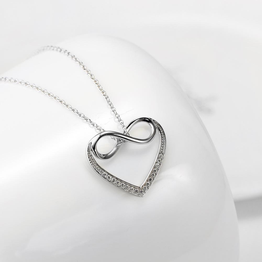 925纯银项链心形镂空8字镶钻吊坠 无穷大符号项链韩版简约项饰女