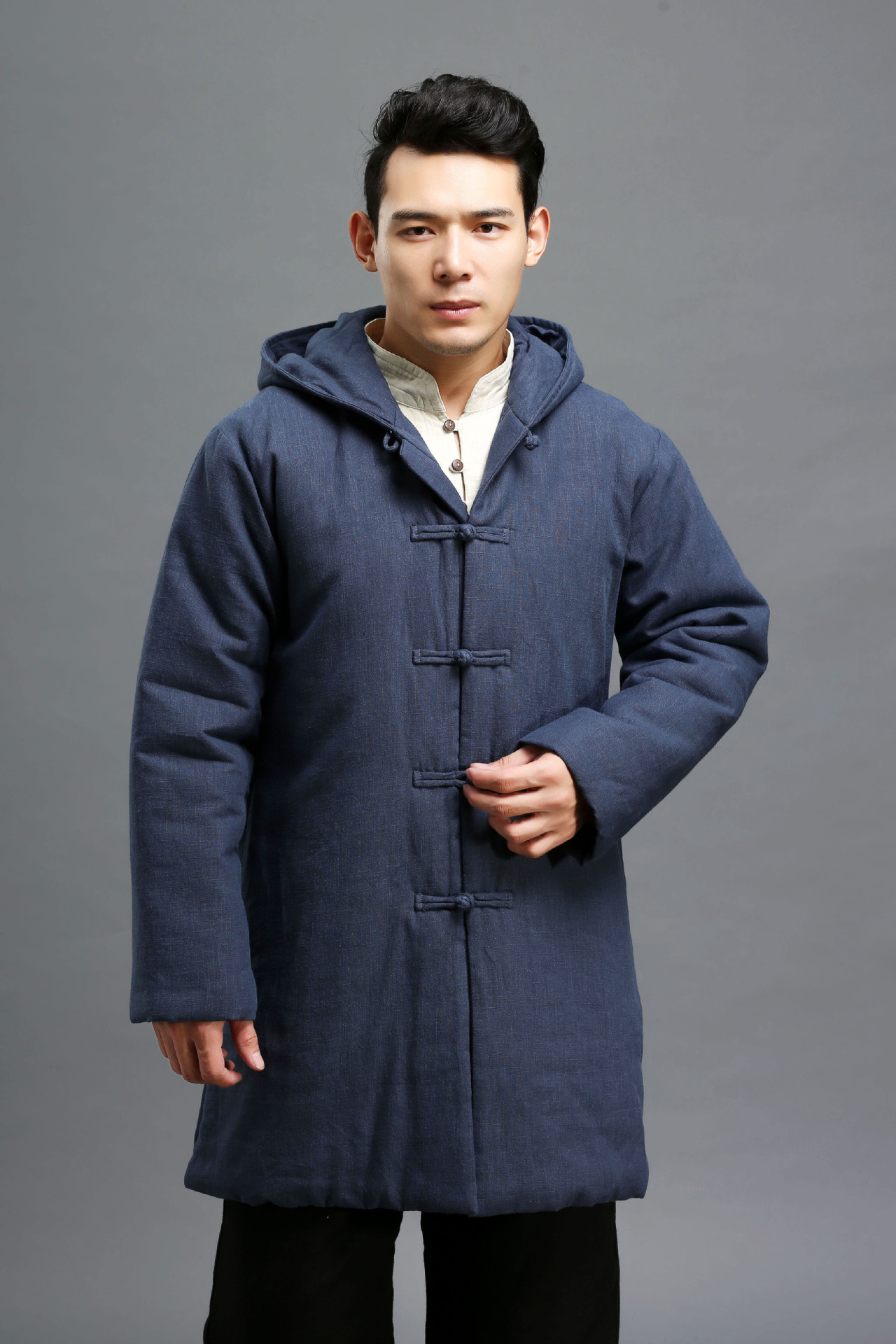 新品新款秋冬装男式棉服棉麻带帽中长款外套保暖复古棉衣源头工厂