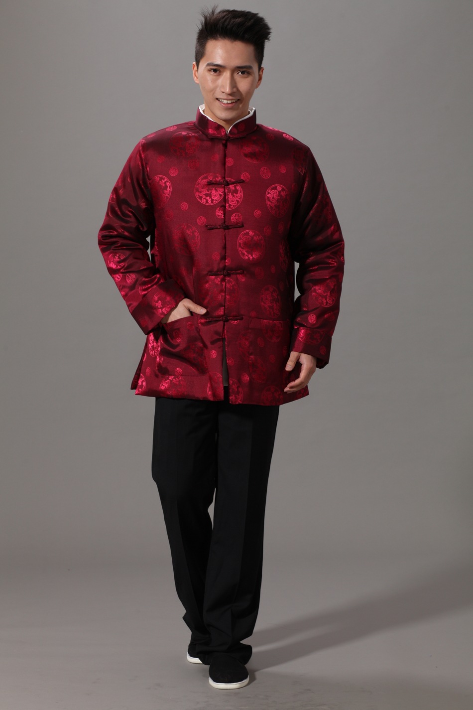 高级红色绸缎外套流行批发新款夹棉复古中式唐装男式棉袄棉衣棉服