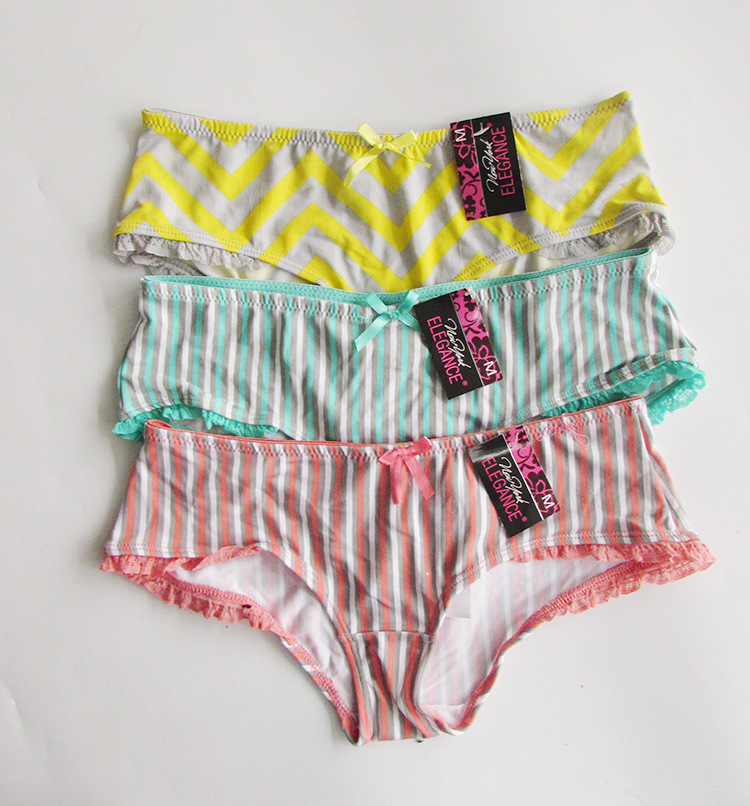 外贸欧美内裤 彩色条纹弹力蕾丝边中腰内裤 女士内裤