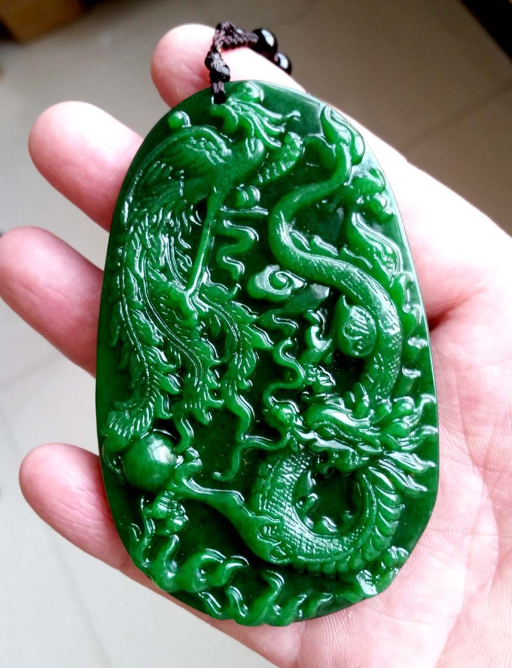 精雕缅甸干青翡翠 龙凤呈祥把件 满绿铁龙生 龙凤配双面牌子吊坠