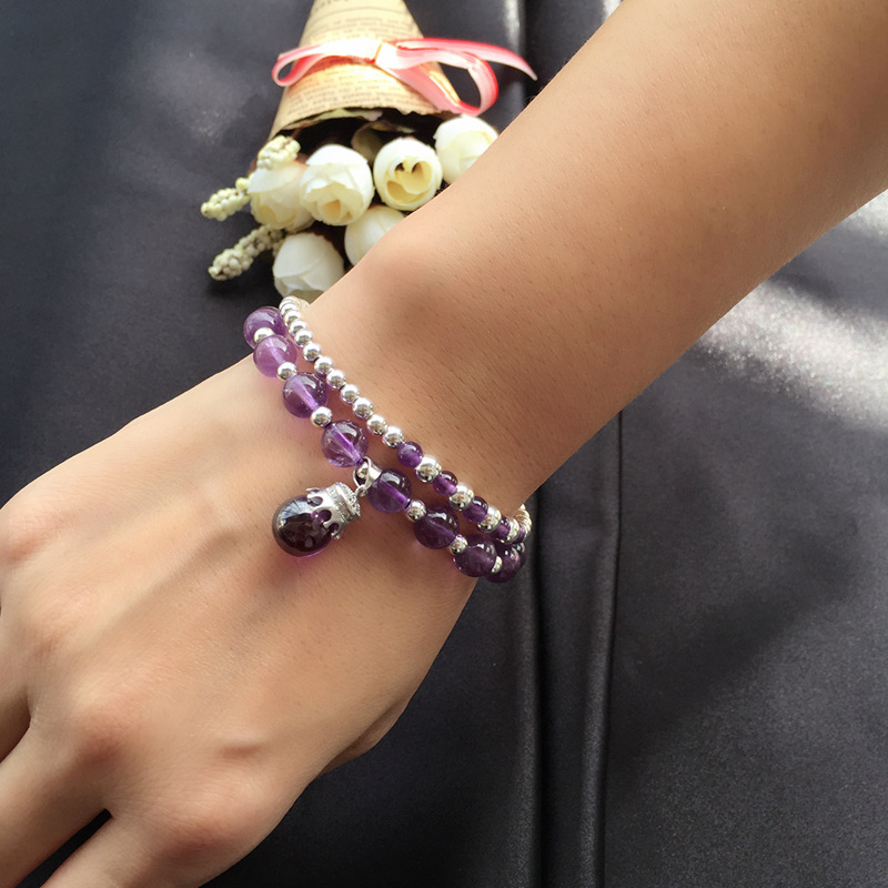 天然薰衣草色紫水晶银珠手链女士正品水晶银