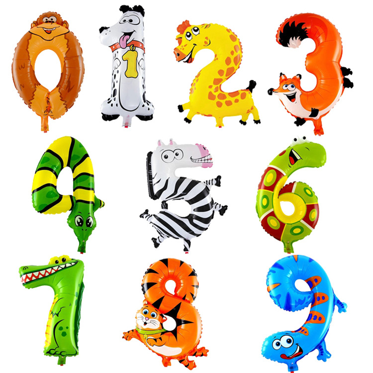 , 16-Inch Small Animal Digital Aluminum Balloon 0-9 Cartoon Children's Birthday Decoration Balloon