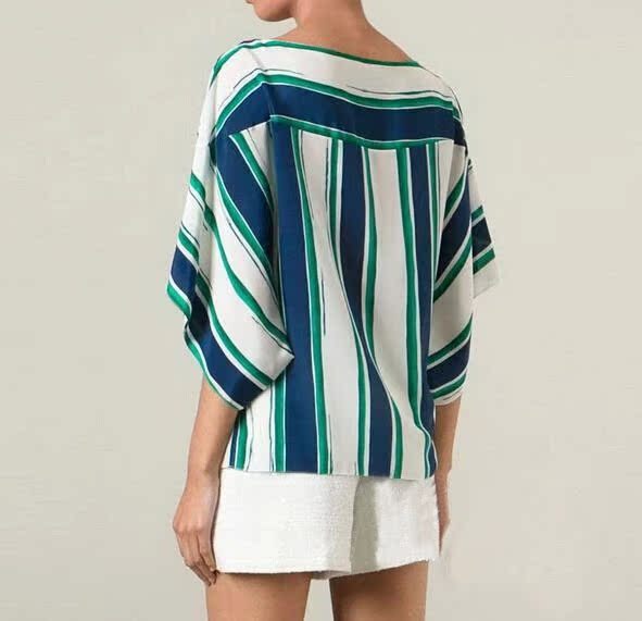 欧美大牌蓝白绿条纹印花雪纺衫真丝衫蝙蝠袖