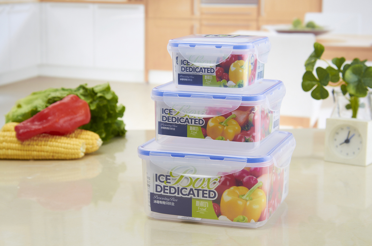 批发塑料盒正方形保鲜盒 三件套装冰箱储物盒 塑料食品盒透明