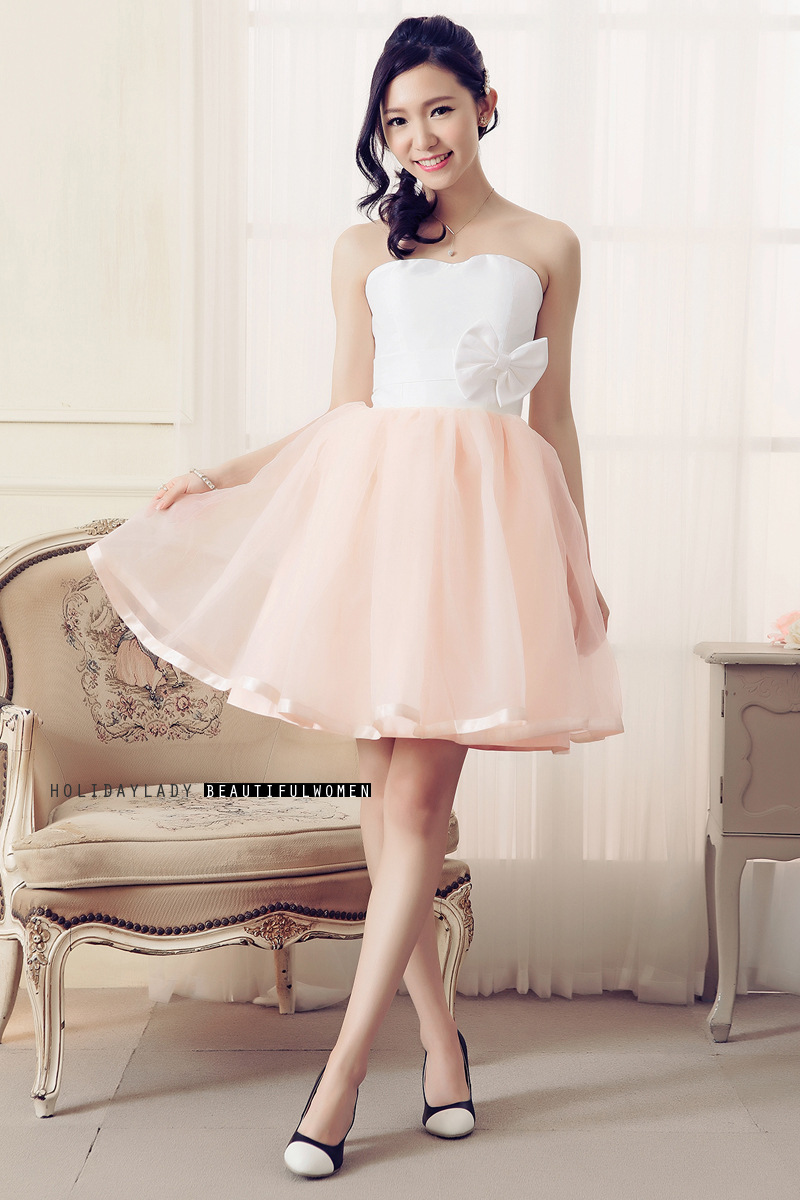 夏季韩版连衣裙伴娘礼服抹胸蓬蓬裙后背绑带公主小礼服m306