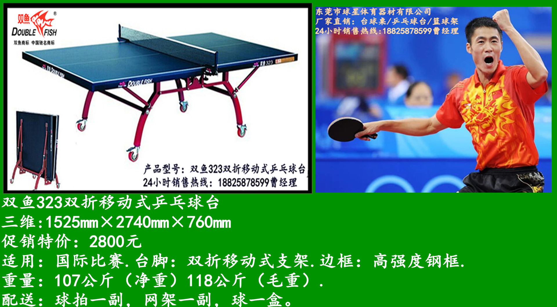 双鱼323双折移动式乒乓球台