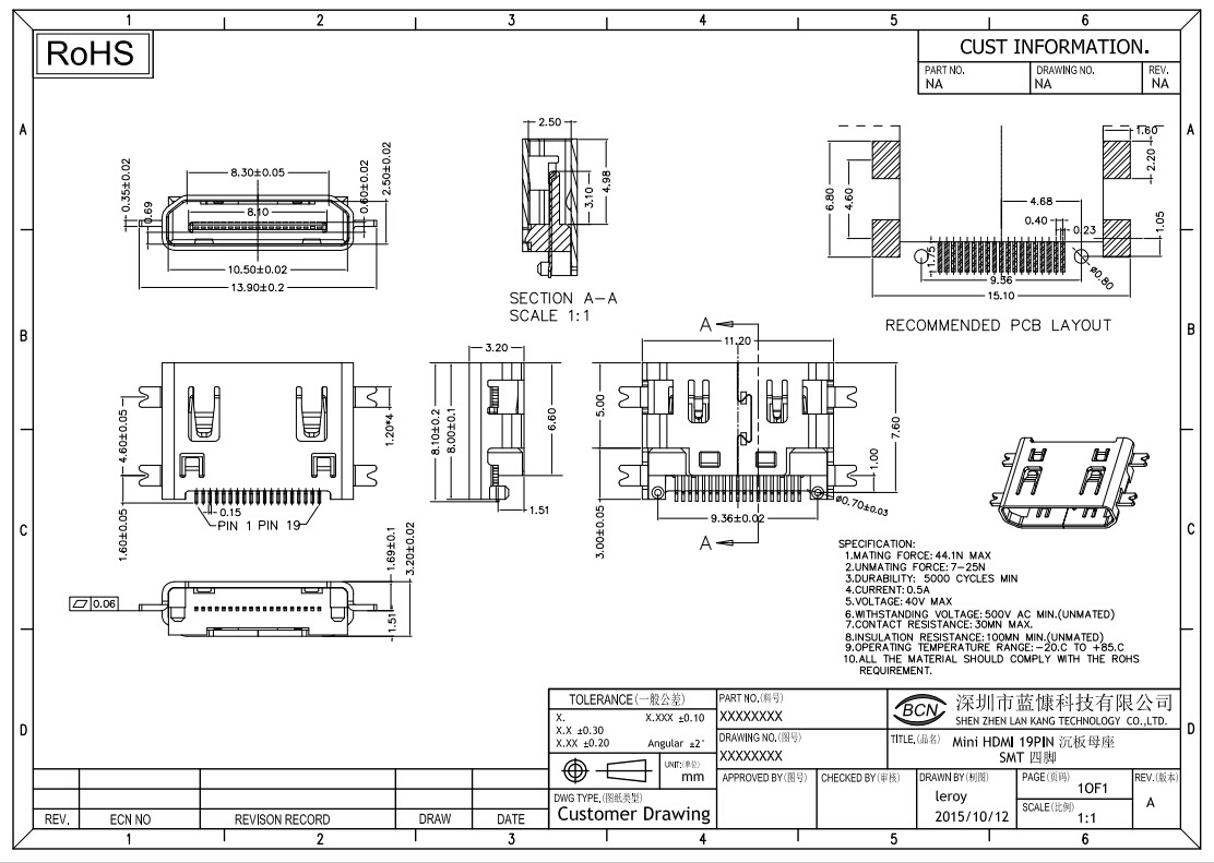 厂家直销 mini hdmi母座沉板1.