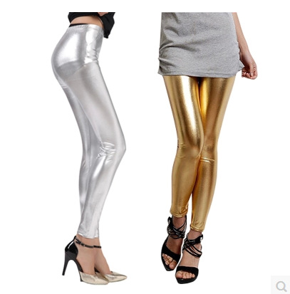 春秋季外贸薄款金属质感金银亮皮九分打底裤女士仿皮裤紧身亮光