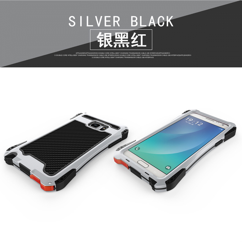 R-Just Amira Heavy Duty Dirtproof Shockproof Rainproof Aluminum Metal Bumper Carbon Fiber Back Cover Case for Samsung Galaxy Note 5 N9200