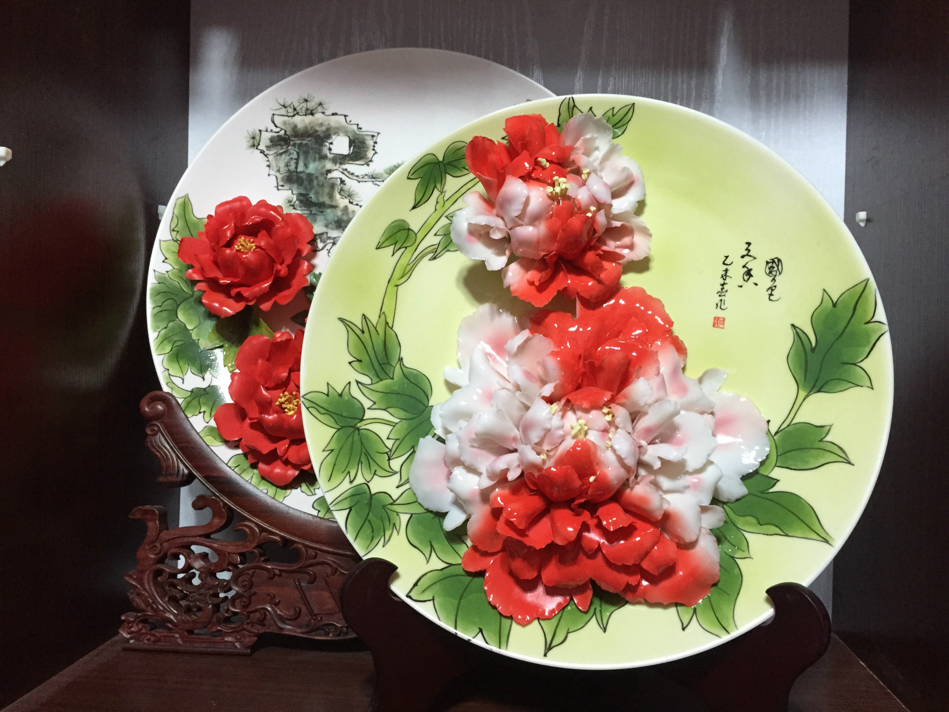 全陶瓷牡丹花瓷盘设计 花盘 工艺品 家居,办公室摆件商务礼品