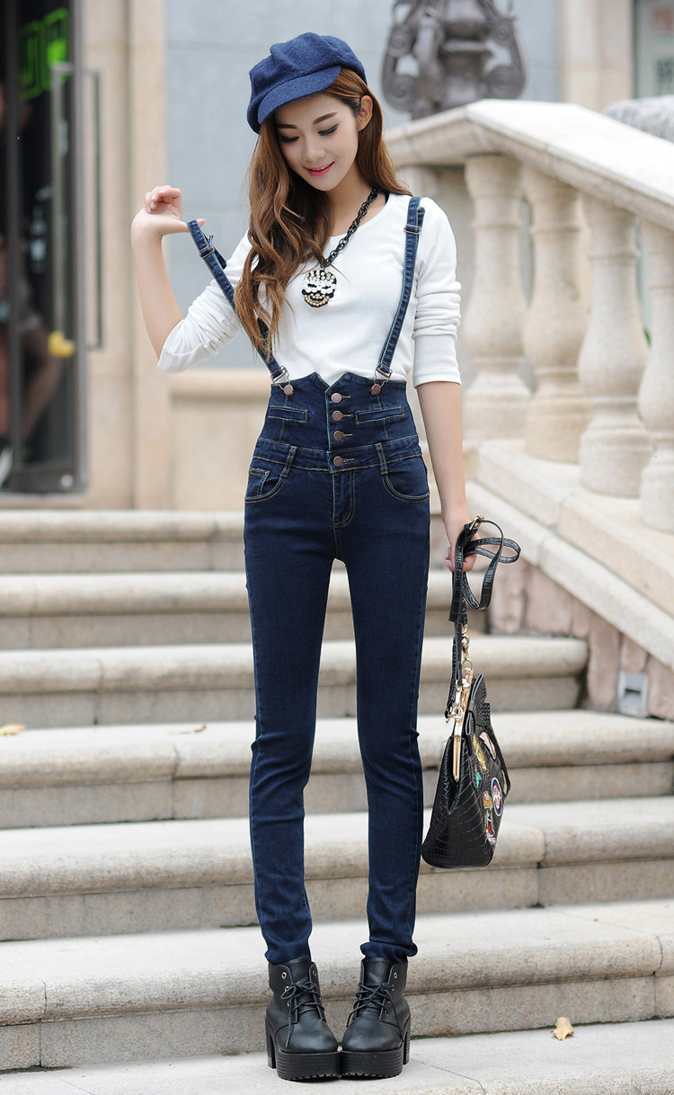 高腰排扣可拆卸牛仔背带裤女2016春新款小脚长裤显瘦紧身牛仔裤潮