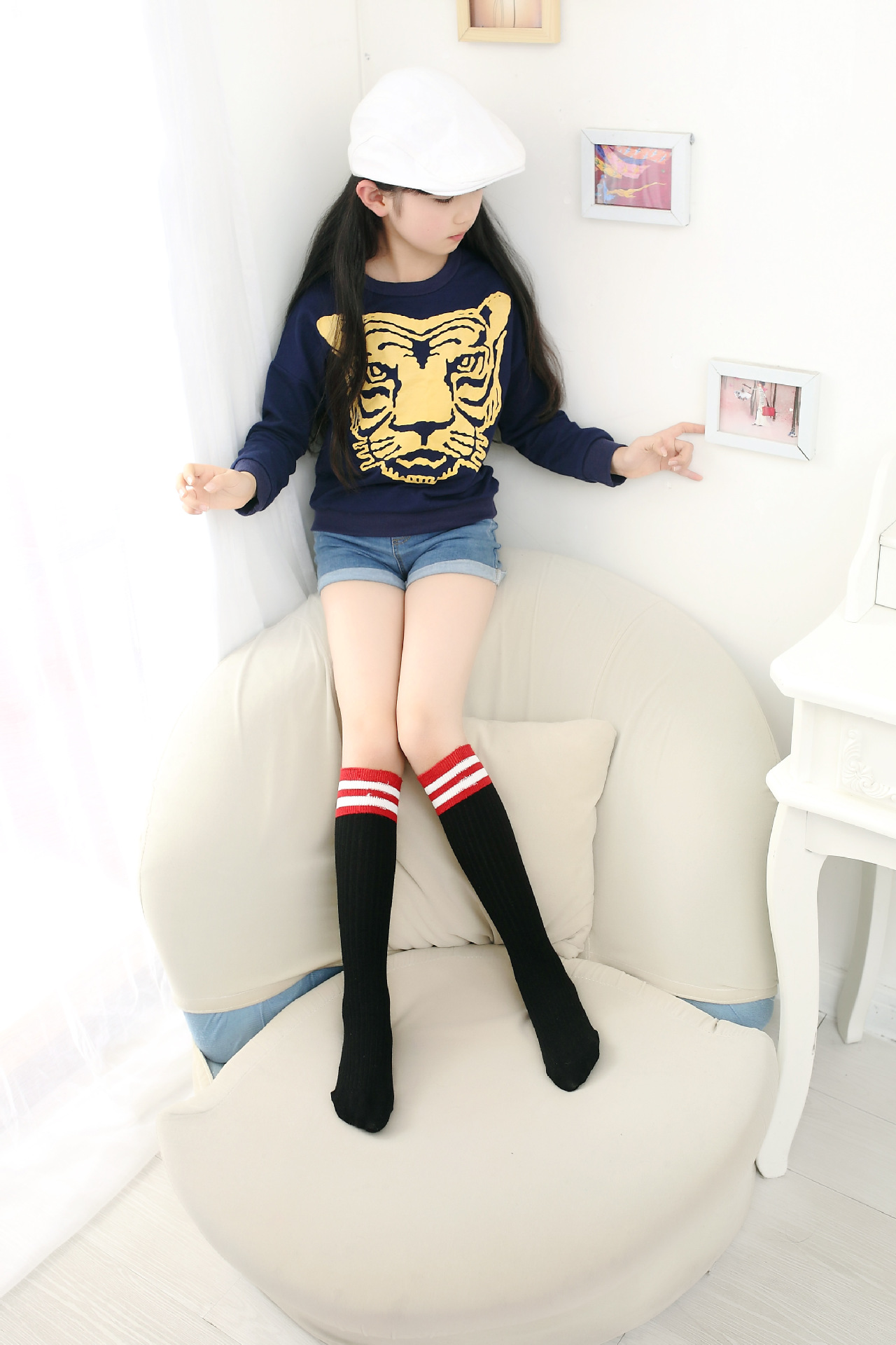 春秋二条杠竖条纹儿童中筒袜 棉男女童长筒袜过膝袜 百搭高筒袜