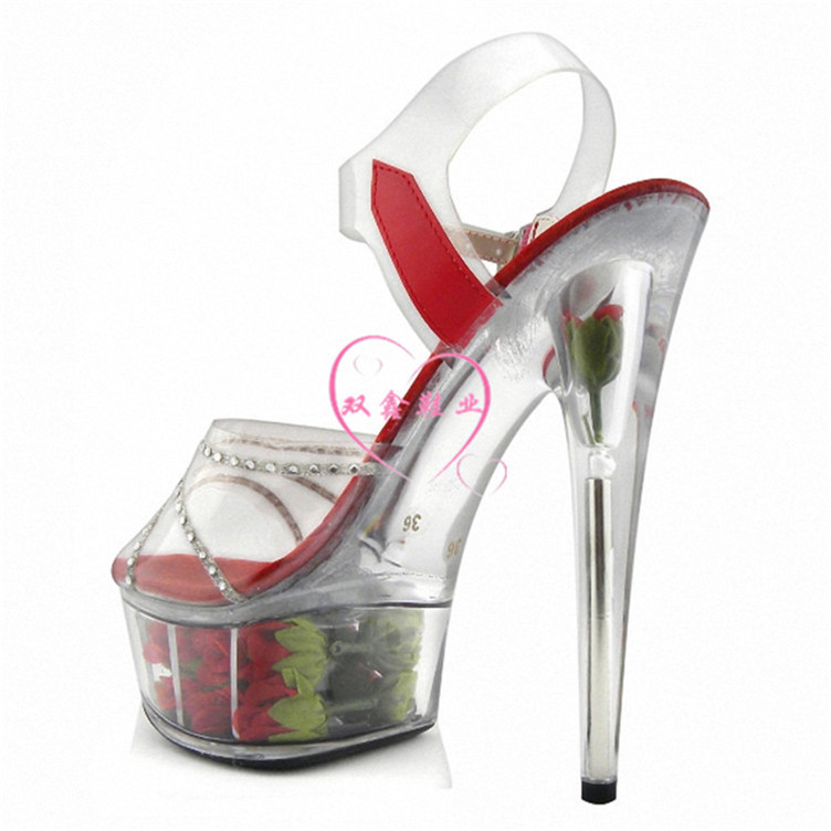 欧美新款透明水晶水钻花朵诱惑15公分超高跟
