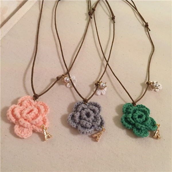 韩版手工钩花毛线花朵女童项链铁塔毛衣链