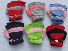 冬款小孩翻盖手套露指两用半指五指男女儿童中大童毛线可爱手套