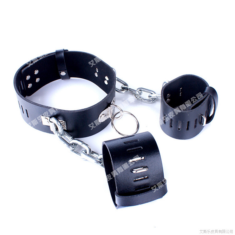 艾斯乐成人情趣玩具黑色重型皮革皮手颈连体铐禁锢脚镣用品批发