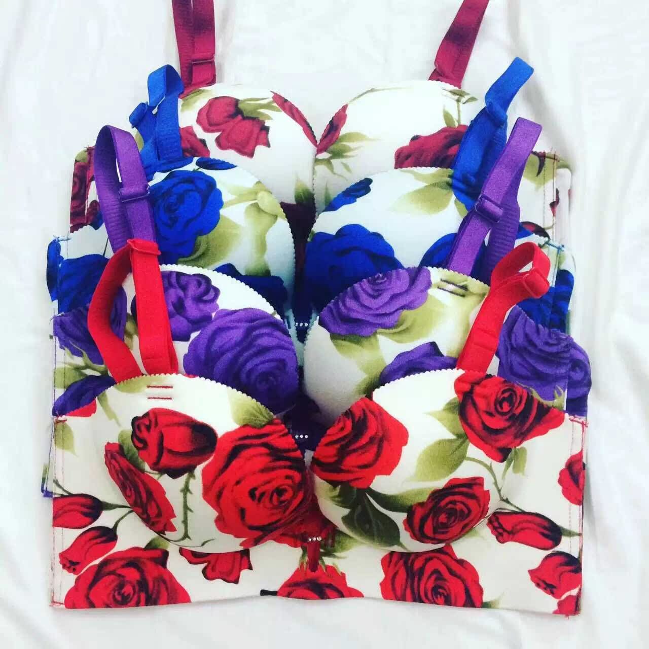 爱华美网络爆款nb无痕一片式印花玫瑰内衣超聚拢舒适文胸套装