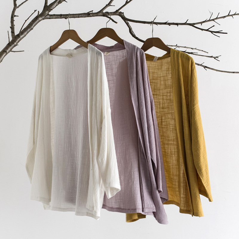 棉麻女装代理批发 2015年竹节麻宽松长款外搭开衫 多色#w003