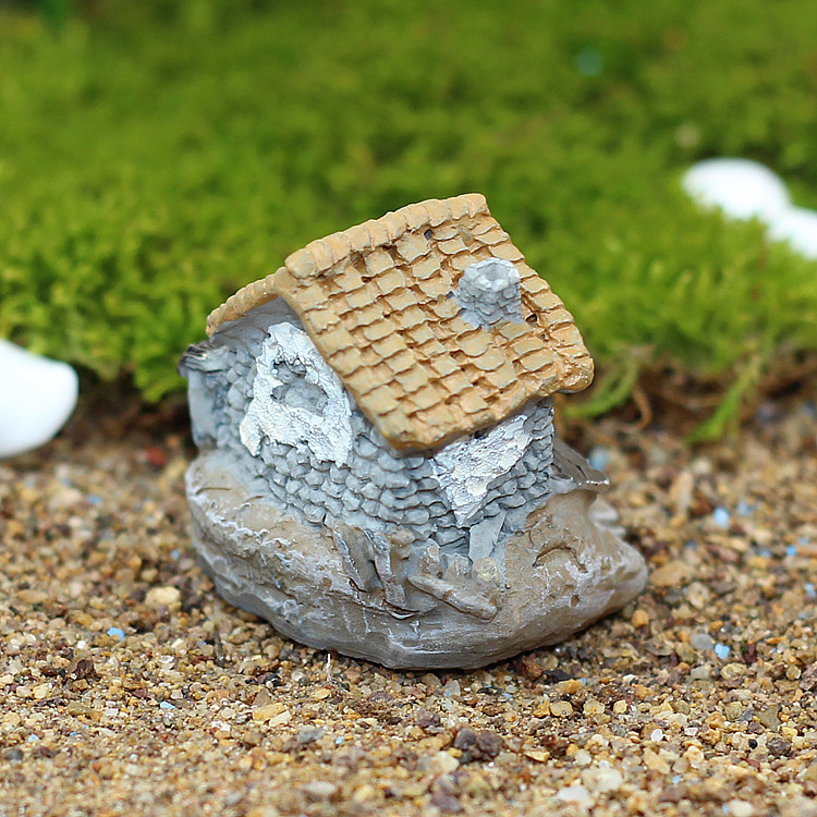 新款石头茅草屋 小房子苔藓微景观装饰diy树脂摆件 世外桃源