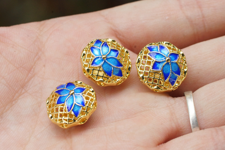 传承经典 古法925银烧蓝手工掐丝配饰 烤蓝饰品配件 高端佛珠配饰