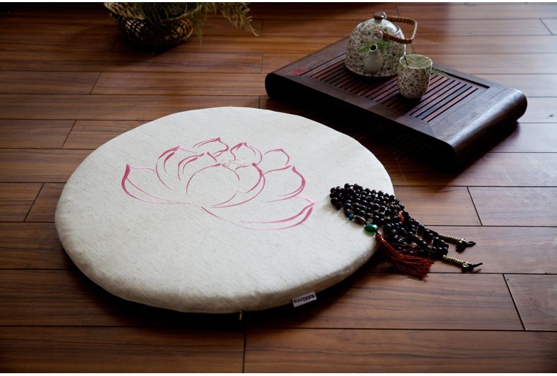 亚麻刺绣莲花蒲团圆形坐垫禅修垫拜垫瑜伽垫榻榻米